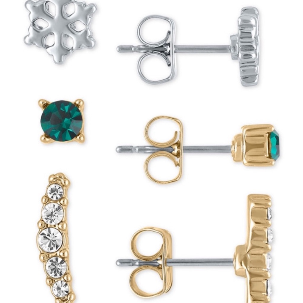 Nib Rachel Roy 3-Pair Tritone Metal Winter Earring Set Crystal Snowflake